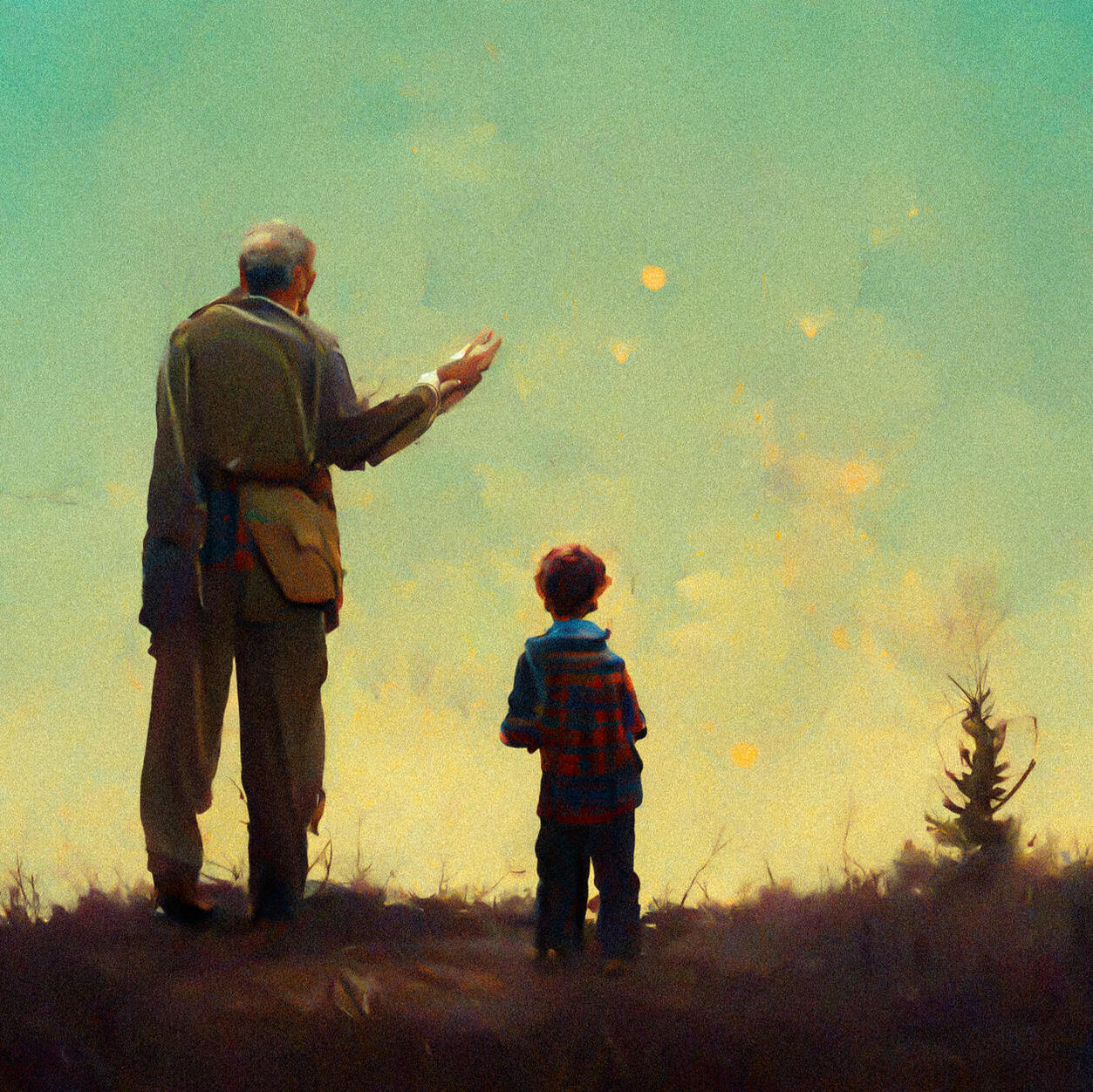 A Son points something out to his father